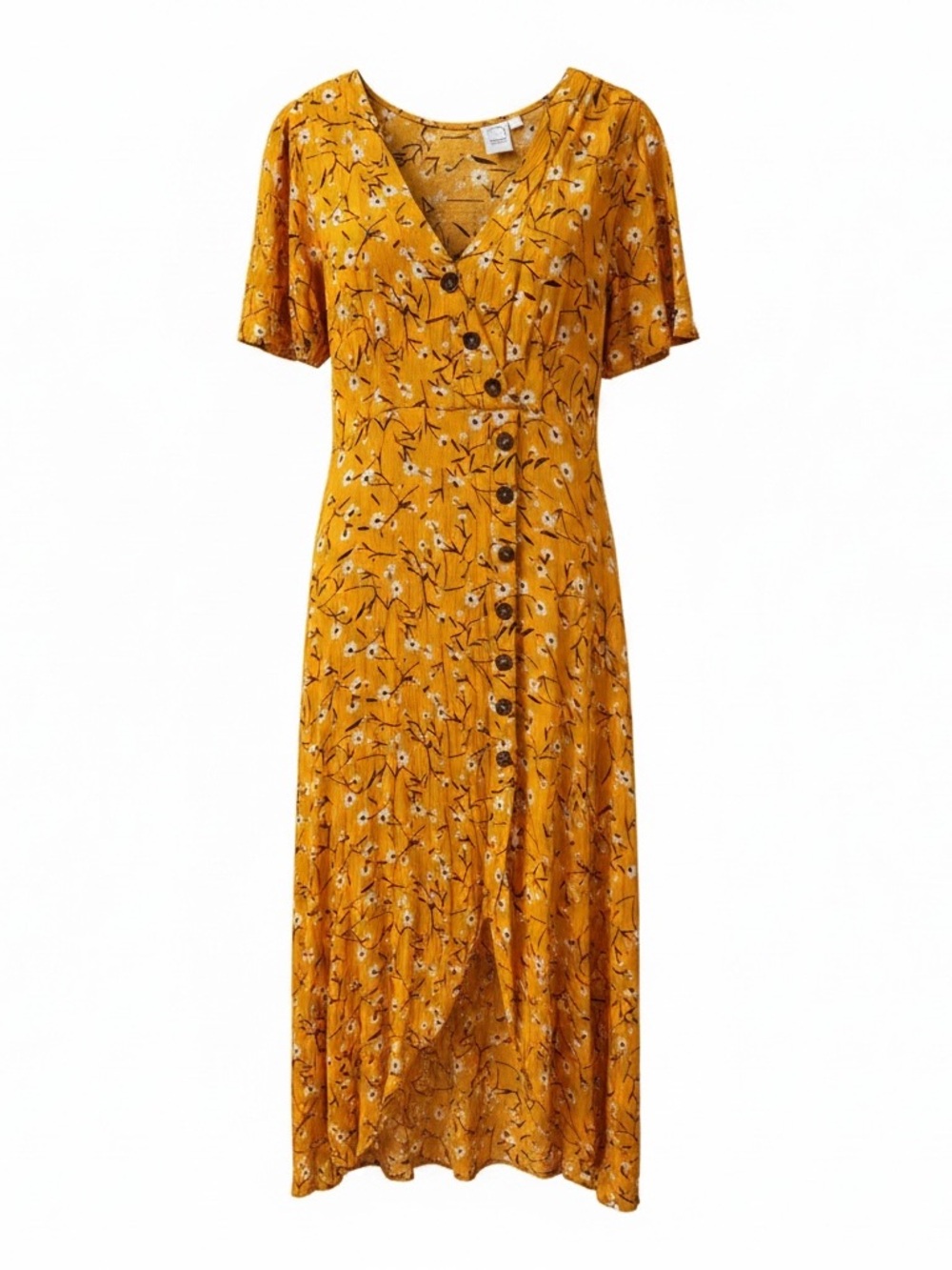Mustard Floral Button-Front Midi Dress